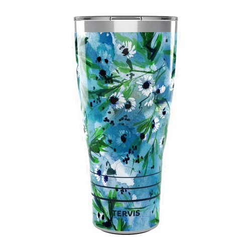 Tervis Traveler Kelly Ventura Teal Botanical Triple Insulated Tumbler Travel Cup Keeps Drinks Cold & Hot, 30oz, Stainless Steel