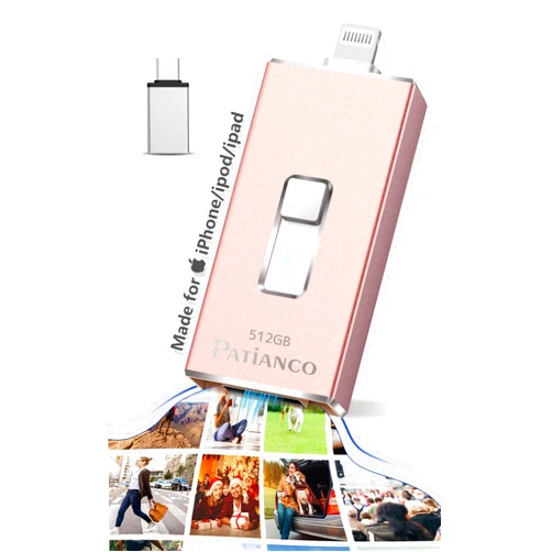 Patianco Photo Stick Apple MFi Certified for iPhone 512GB, USB Flash Drive for iPhone Thumb Drive, iPhone-Memory-Stick for iPad/iPhone/Computer Picture Keeper Portable Hard Drive-Pink