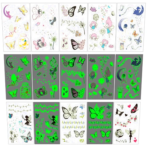 Yarlilyan 60+ Temporary Tattoos for Kids Girls, Glow in the Dark Luminous Children Birthday Party Supplies Favors Tattoo Stickers, 8 Pack Fairy Flower Designs on Body Hand Arm Face