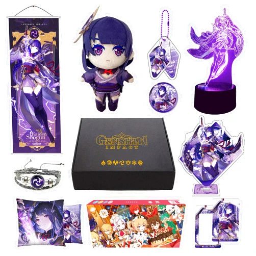 MOTAO Genshin Impact Merch Box Gifts Set with Night Light Plush Stand Figure Poster Pillowcase Keychain Bracelet Stickers