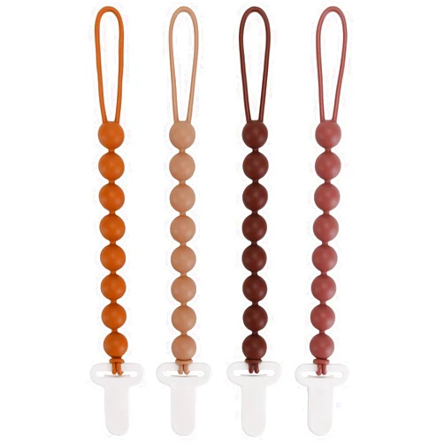 Slotic 4-Pack Silicone Pacifier Clips with One-Piece Beads for Baby Boys and Girls - Flexible and Rust-Free Holders for Teething Relief and Baby Essentials, Safe for Newborns (Brown)