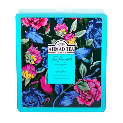 Ahmad Tea Floral Tea Tin Gift, Blue Caddy, 72 Tea Bags, Our most popular Black and Green Tea Assortment