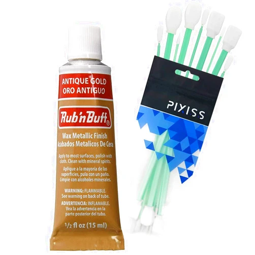 GRAS Art Bundles Rub n Buff Wax Metallic Antique Gold, Rub and Buff Finish, 0.5-Fluid Ounce, Pixiss Blending and Application Tools for Applying Metallic Wax Paint