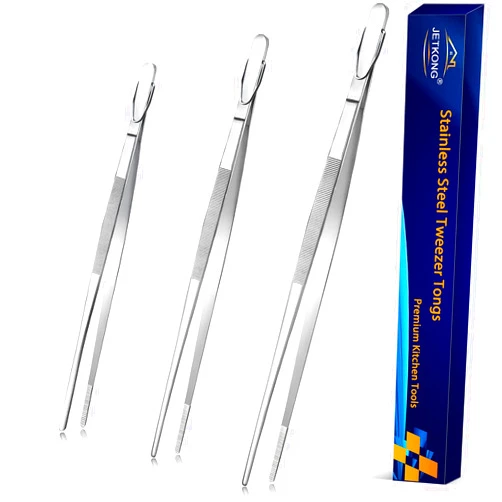 JETKONG Extra Long Kitchen Tweezers Heavy Duty Stainless Steel Cooking Tweezers, Set of 3 (9 12 14 Inch, Silver)