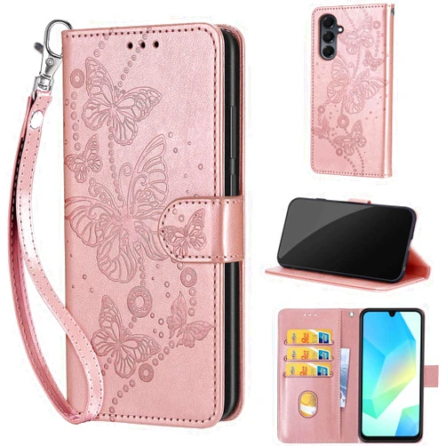 KENHONER Designed for Samsung Galaxy A16 5G Case Wallet,Women Flip Folio Cover with Embossed PU Leather Stand Credit Card Holders Slots Wrist Strap Phone Case for Samsung Galaxy A16 (Rose Gold Butterfly)