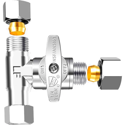 PURENAT Tee Stop Valve - Lead-Free Add-A-Tee Valve 3/8 Inch x 3/8 Inch x 3/8 Inch,1/4 Turn Brass Extender Tee Connector with Built-in Sealing Gasket for Faucet,Glass Rinser,Dishwasher,Washing Machine