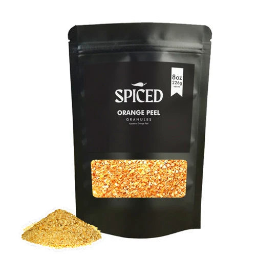 Rhythm Aromatics SPICED Orange Peel Granules , 8oz of Dried Orange Peel Granules in Resealable Bag, Great for Tea, Desserts, Brewing, Spice Blends, and Seasoning