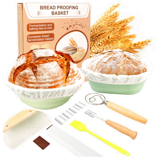 CamRebel Sourdough Starter Kit Including 9 Inch Round&10 Oval Foldable Sourdough Baking Basket, Silicone Sourdough Bread Proofing Baskets,With Dough Whisk, Scraper, Lames, Brush, Baking Supplies Set (Green)