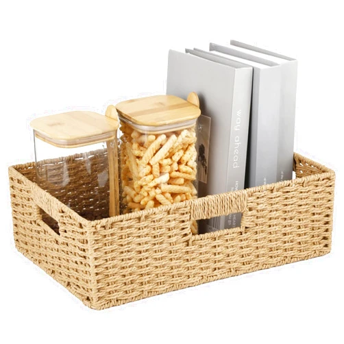 COSYOO Wicker Woven Storage Basket,Handwoven Paper Rope Rustic Large Rectangular Organizer with Handles,Drawer Natural Basket Tray with 3 Built-in Handles, Decorative Woven Bin for Home Office