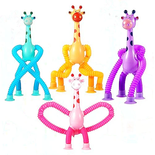 SYSAMA 4 Pcs Telescopic Suction Cup Giraffe Toy, Funny Pop Tubes Sensory Toy for Toddlers, Educational Fidget Toys for Anxiety Kids for 3 4 5 6 7 8 9 Year Old Boys Girls