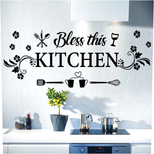 CASADECOR Kitchen Wall Decor Sticker Kitchen Quotes Bless This Kitchen Wall Decals Flower Art Removable DIY Vinyl Wall Stickers for Kitchen Dining Baking Room Bar Restaurant Home Decor.