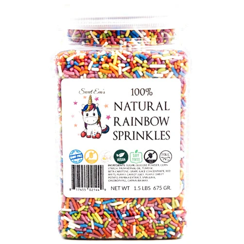 Sweet Eva’s 100% NATURAL RAINBOW SPRINKLES - NATURAL COLOR, DAIRY FREE, NUT FREE, GLUTEN FREE, SOY FREE, VEGAN, EGG FREE AND KOSHER ,1.5 LBS. CUPCAKE AND CAKE TOPPER,BULK CANDY, RESEALABLE CONTAINER,COLORFUL