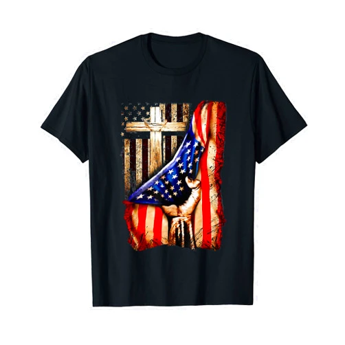 4th Of July Faith Cross American Tee American Flag Hand Cross Patriotic And Religious, Christian T-Shirt
