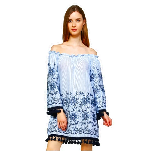Velzera Women's Embroidered Off The Shoulder Tassel Tunic Top Reg & Plus Size