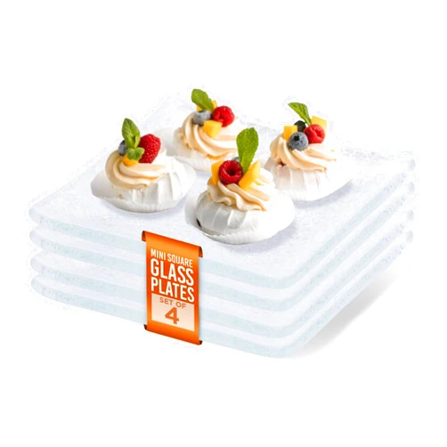 IMPULSE! Splendido Mini Square Glass Plates (White) Set of 4- Elegant Functional Plates Perfect for Small Bites, Serving, Mini Desserts, Dips, or Candies- 3.15