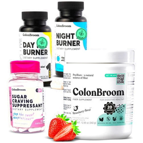 ColonBroom Psyllium Husk Powder (60 Servings) + Colon Broom Day & Night Burner Supplements, Weight Control (60 Servings) + Sugar Craving Suppressant Chromium Picolinate 200mcg (60 Servings), 4 Items