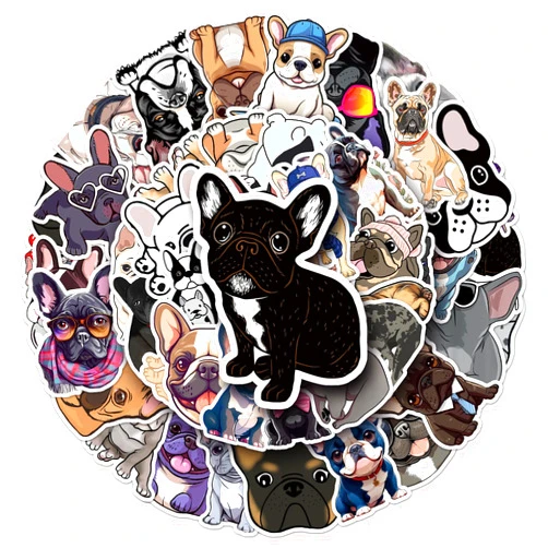 Jictegb 50 Pcs French Bulldog Stickers Set - Various Cute Dog Breeds, Premium PVC Material, Removable & Reusable, Ideal for Dogs Lovers, Kids, Notebook, Laptop Decoration (French Bulldog)