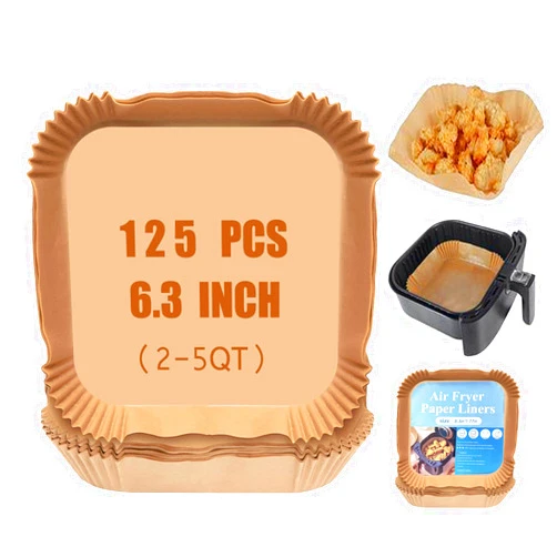 THOBY Air Fryer Disposable Paper Liners,Square Disposable Air Fryer Natural Non-stick Parchment Paper Pads, Water-proof Oil-proof 6.3” 125PCS Air Fryer Accessories Paper(Fit 3 to 4.5 Qt)