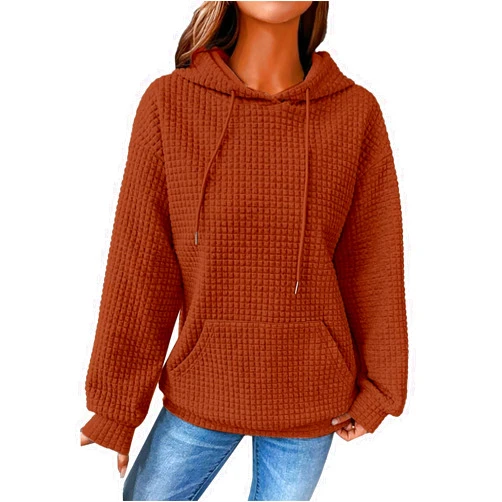 Generic Fall Waffle Hoodie for Women 2024 Casual Drawstring Pullover Sweatshirts Basic with Pockets Hooded Plus Size Y2K Tops