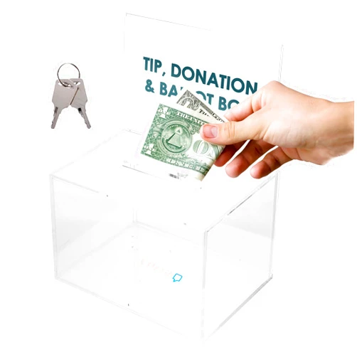 Versco Unlimited Verso Clear Acrylic Donation Box with Lock and Sign Holder - 6.3x4x4.2 Inch Lockable Fundraising, Tip, and Ballot Box - Small Money Collection Box for Schools, Events, and Businesses