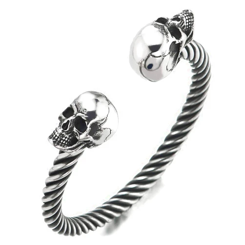 COOLSTEELANDBEYOND Mens Womens Skull Twisted Cable Cuff Bangle Bracelet, Stainless Steel, Polished, Elastic Adjustable