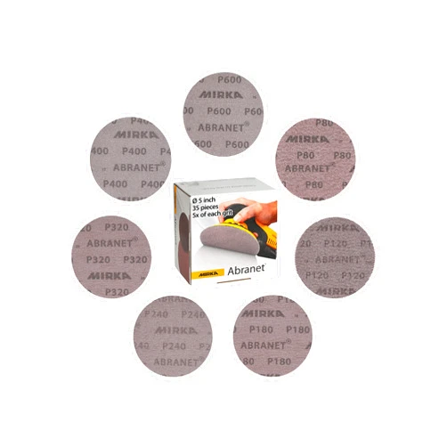 Mirka Abranet Net Discs / 5 inch / 35 pcs Mix-Pack Assorted 5 of Each Grit 80, 120, 180, 240, 320, 400, 600 / Mesh Sandpaper Sanding Disc Hook and Loop / 9A-232-AP