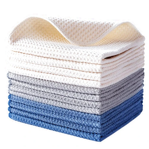 POLYTE Premium Microfiber Kitchen Dish Cloth Waffle Weave 12 Pack (12x12 in, Dark Blue, Gray, Off White)