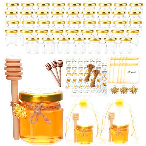 XING-RUIYANG 1.5 oz Glass Honey Jar- Small Hexagonal Honey Jars with Wooden Dipper Gold Lid Bee Charms Gold Gift Bags and Rope for Baby Shower Wedding Party Favors (50 PACK)