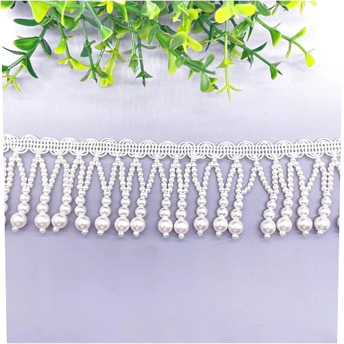 GorinsKani 2 Yards White Silk Tassel Fringe Trim Beads Tassel Lace Ribbon Sewing Clothing Edge Curtain Pearl Pendant Tassels (A)