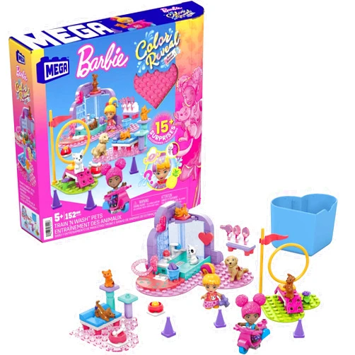 Mega Brands MEGA Barbie Color Reveal Kids Building Toy Set, Train 'n Wash Pets with 152 Pieces, 2 Micro-Dolls and Accessories, Ages 5+ Years