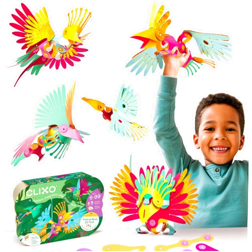 Clixo Tropical Birds Pack - Magnetic STEAM Building Toy Set with Custom Wing-Flapping Mechanism for Creative Play, Ages 4+