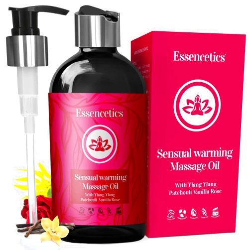 Essencetics Massage Oil 8 oz - Organic Body Massage Oil with Ylang Ylang, Patchouli & Vanilla Rose - Relaxing Massage Therapy