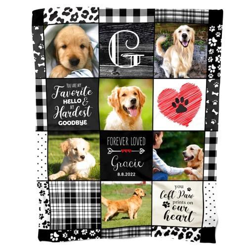 NICTIMEID Personalized Photo Blanket for Loss of Dog Cat - Personalized Dog Memorial Gifts - Remembrance Dog Passing Away Gift - Comforting Sympathy Condolence - You Left Paw Prints on Our Heart
