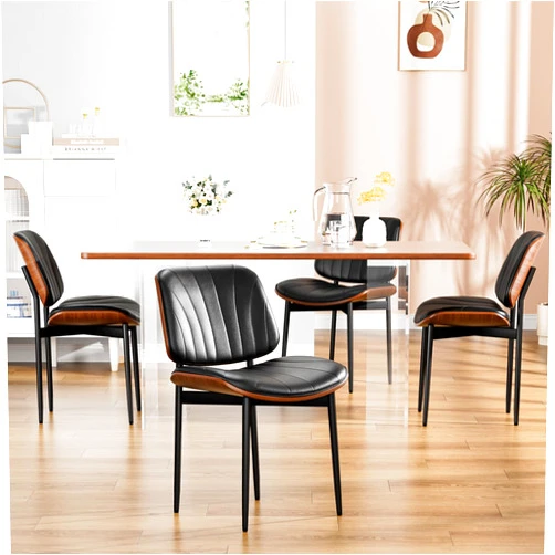 YaFiti Dining Chairs Set of 4, Dining Room and Kitchen Chairs, FSC Certified Mid Century Modern Accent Chair, Upholstered PU Leather Chairs for Vanity with Walnut Bentwood and Metal Legs, Black