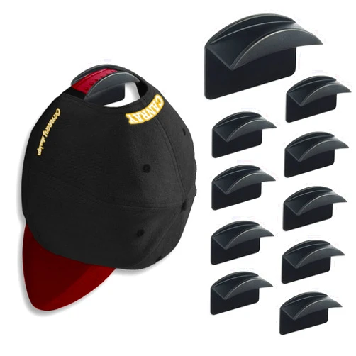 CANRAY Adhesive Hat Hooks for Baseball Caps Cap Holder for Wall Mount, Hat Rack Organizer | No Drilling | Stick On | 10-Pack (Black)