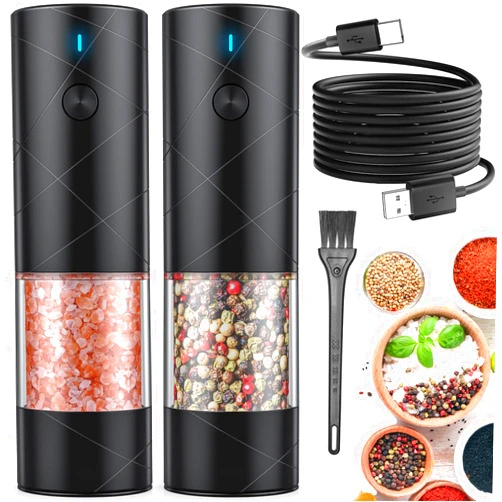 Lidaop 2Pack Electric Salt and Pepper Grinder Set USB Rechargeable with Warm LED Light, Adjustable Coarseness Lidaop Large Capacity Automatic Salt Pepper Mill Grinder for Kitchen, Restaurant, Outdoor, Black