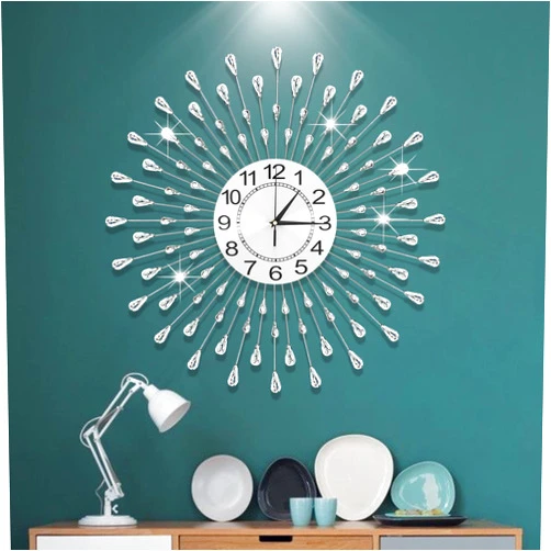 FMTAD Large Wall Clock Metal Decorative Wall Clocks Silent Non-Ticking,Bling Shining Modern Art Starburst Big Wall Clocks for Living Room Bedroom Dining Room Kitchen Decor,Dia 24 Inch Silver