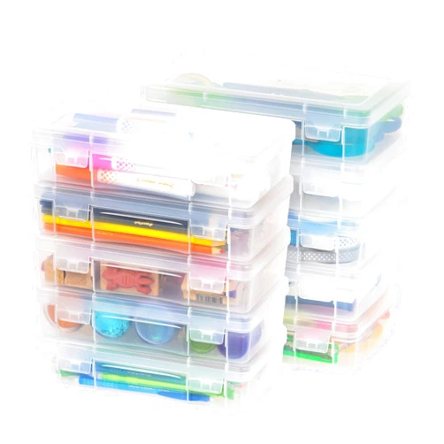 IRIS USA Plastic Pencil Case Box Craft Hobby Art School Supply Storage Organizer Container with Latching Lid, 10-Pack, for Bead Pens Ribbons Wahi Tape Sticker Yarn Ornaments, Stackable, Clear, Medium