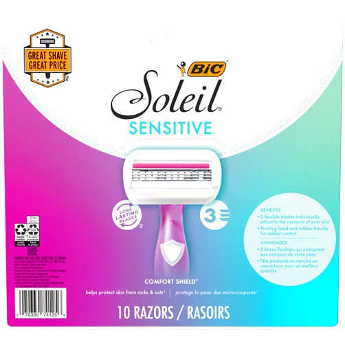 BIC Soleil Sensitive Women's Disposable Razors, 3 Blades With Moisture Strip For a Silky Smooth Shave for women, 10 Piece Razor Set
