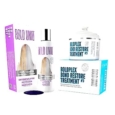 Bold Uniq Purple Shampoo & Boldplex No.3 Bond Restore Hair Treatment Duo -Eliminates Brassy Yellow Tones - Paraben & Sulfate Free Formulas - Revitalize & Restore Bleached, Damaged Hair.