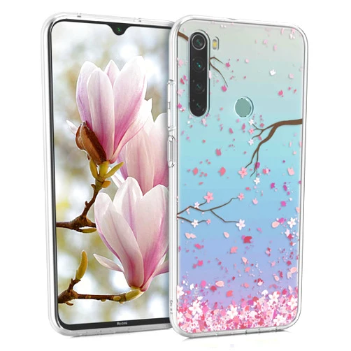kwmobile Clear Case Compatible with Xiaomi Redmi Note 8 (2019/2021) - Phone Case Soft TPU Cover - Cherry Blossoms Pink/Dark Brown/Transparent