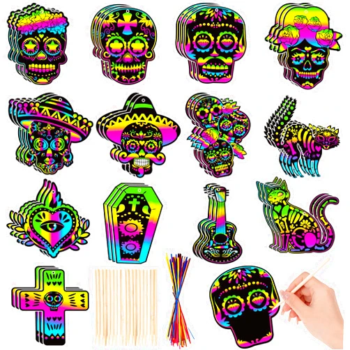 HOWAF 39 PCS Day of The Dead Scratch Cards Gift, Dia De Los Muertos Decoration Magic Sugar Skull Tombstones Scratch Paper Art Kit DIY Mexican Day of The Dead Scratch Cards for Activity Art Project