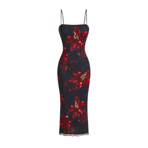 SweatyRocks Women's Allover Print Spaghetti Strap Bodycon Dress Elegant Sleeveless Lettuce Trim Midi Dresses