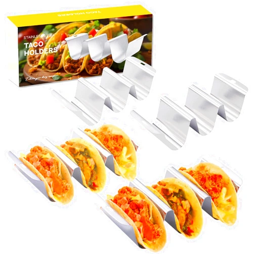 MERTIIOT Taco Holder Stand Set of 4, Stainless Steel U-shape Taco Shell Holder with Handle Holds Up to 3 Tacos, Each Stackable Rack, Dishwasher & Microwave Safe