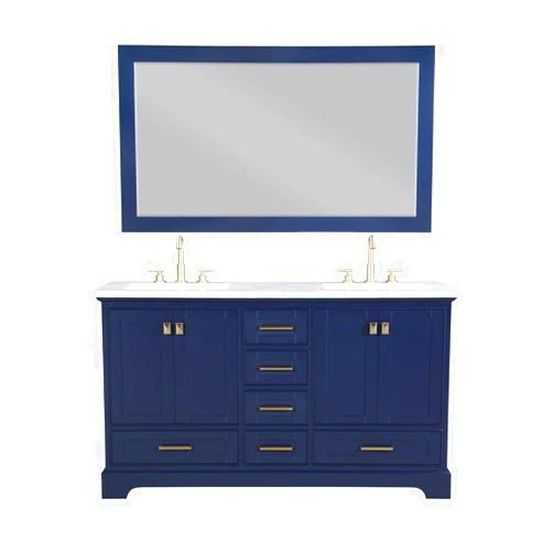 Stufurhome Brittany Dark Blue 60 inch Double Sink Bathroom Vanity with Mirror