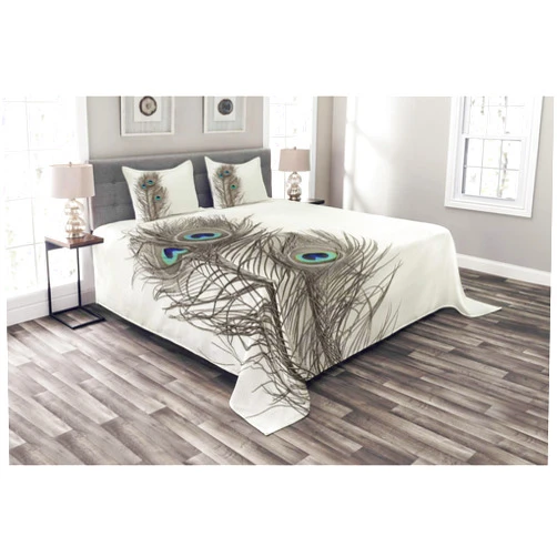 Ambesonne Peacock Bedspread, Feathers of Exotic Bird on White Backdrop Bohemian Wildlife Composition, Decorative Quilted 3 Piece Coverlet Set with 2 Pillow Shams, Queen Size, White Taupe and Blue