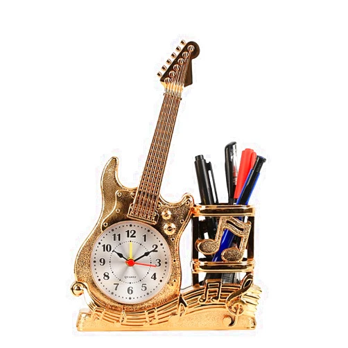 ikasus Pencil Holder, Classic Violin Clock with Pen Holder Office Supply Pen Organizer Desktop Decoration Stand Container Musical Instrument Desktop Organizer Creative Desk Decoration, Gold Guitar