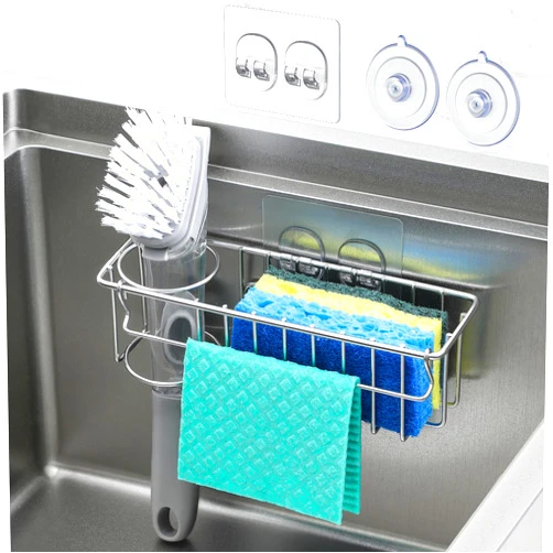 LANDNEOO 3-In-1 Sponge Holder for Kitchen Sink with Suction Cups & Adhesive Hook , In Sink Sponge Holder, Wall Hanging Sink Caddy Organizer Rack - Sponge, Dish Cloth, Brush, Scrubber - 304 Stainless Steel