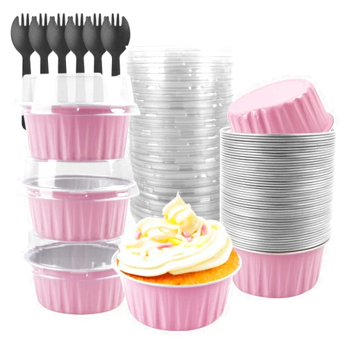 Tikxlafe Aluminium Foil Cake Cups with Lids Muffin Tins, Mini Cake Pans, Mini Bread Moulds with Lids, Disposable Baking Cups with Lids - 50 Pack of 5 oz Round Aluminium Foil Cake Baking Cups-Pink