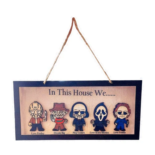 CarpNettore Halloween Decor Horror Character Wooden Sign Frame, Party Supplies, Ornament, in This House We Horror Sign for Holiday, Hanging